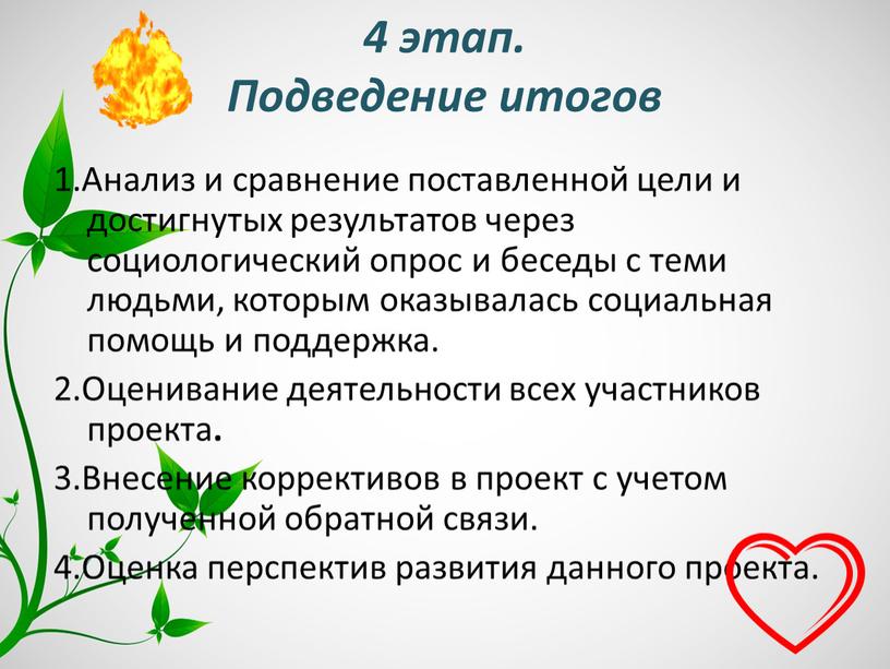 Подведение итогов 1.Анализ и сравнение поставленной цели и достигнутых результатов через социологический опрос и беседы с теми людьми, которым оказывалась социальная помощь и поддержка