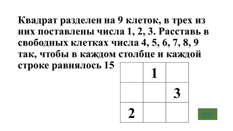 Квадрат разделен на 9 клеток, в трех из них поставлены числа 1, 2, 3