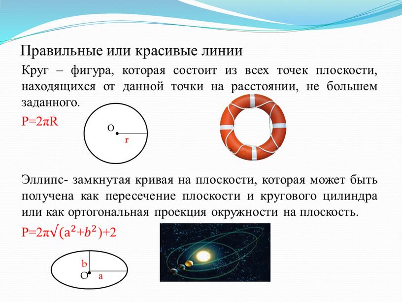 Правильные или красивые линии Круг – фигура, которая состоит из всех точек плоскости, находящихся от данной точки на расстоянии, не большем заданного