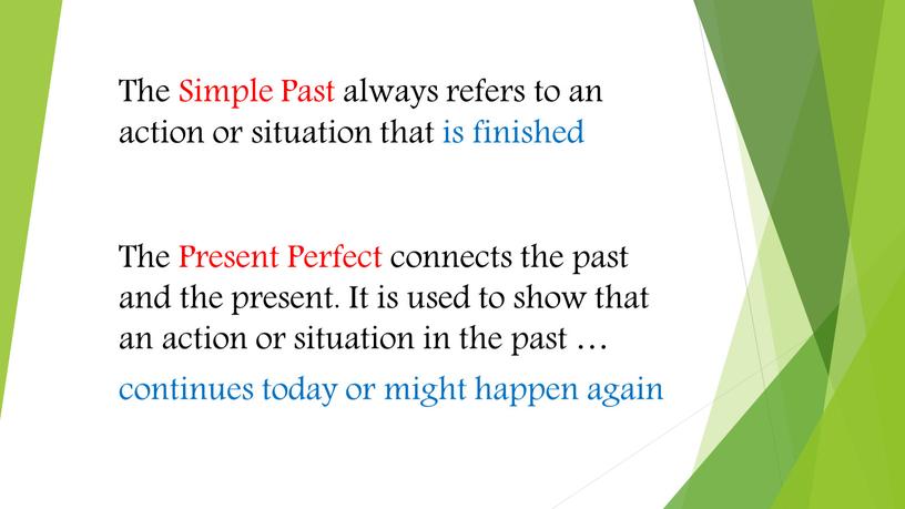 The Simple Past always refers to an action or situation that is finished