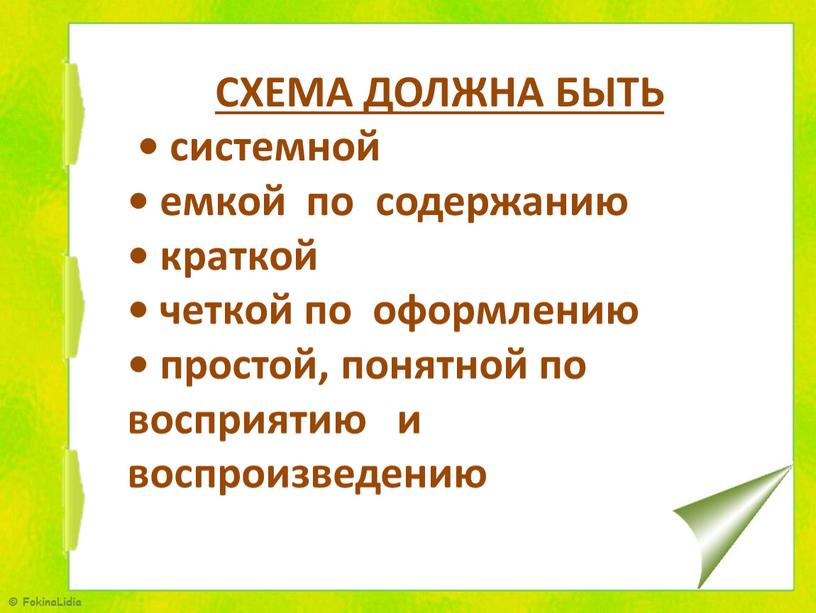 СХЕМА ДОЛЖНА БЫТЬ • системной • емкой по содержанию • краткой • четкой по оформлению • простой, понятной по восприятию и воспроизведению