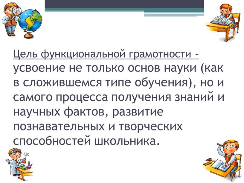 Цель функциональной грамотности – усвоение не только основ науки (как в сложившемся типе обучения), но и самого процесса получения знаний и научных фактов, развитие познавательных…