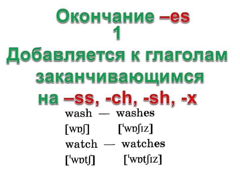 Добавляется к глаголам заканчивающимся на –ss, -ch, -sh, -x