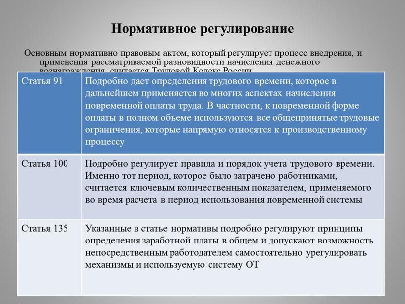 Нормативное регулирование Основным нормативно правовым актом, который регулирует процесс внедрения, и применения рассматриваемой разновидности начисления денежного вознаграждения, считается