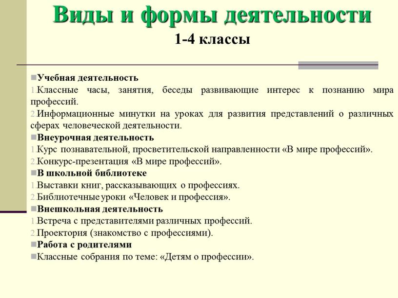 Виды и формы деятельности 1-4 классы