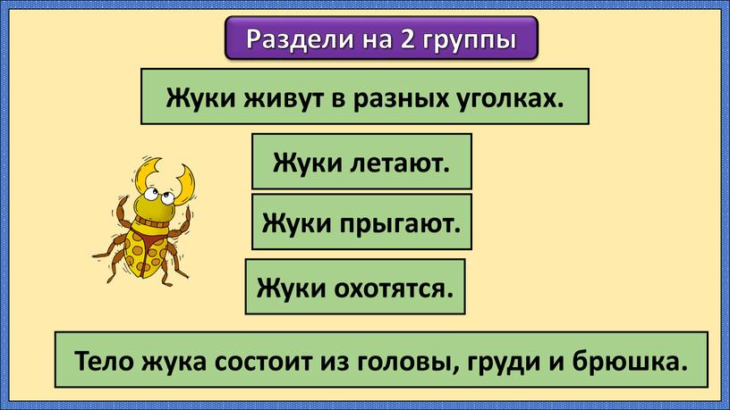 Раздели на 2 группы Жуки живут в разных уголках