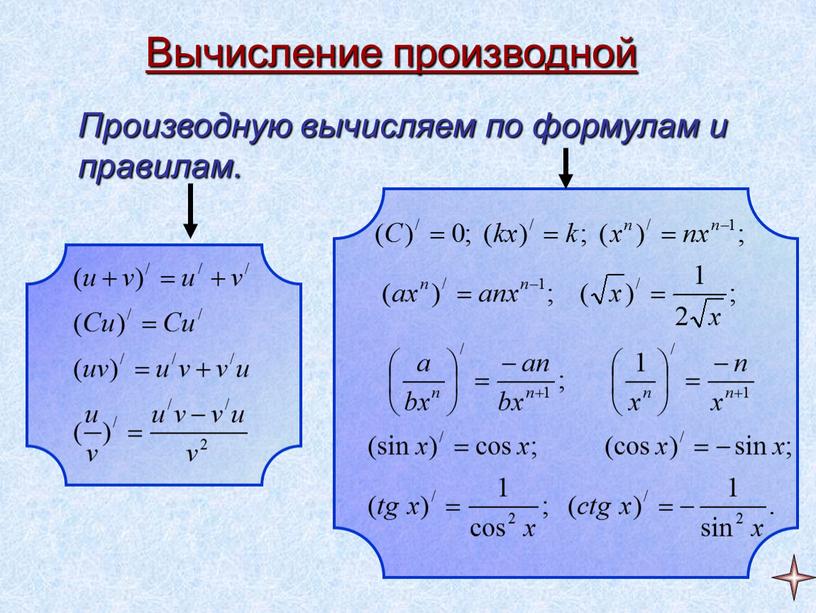 Вычисление производной Производную вычисляем по формулам и правилам