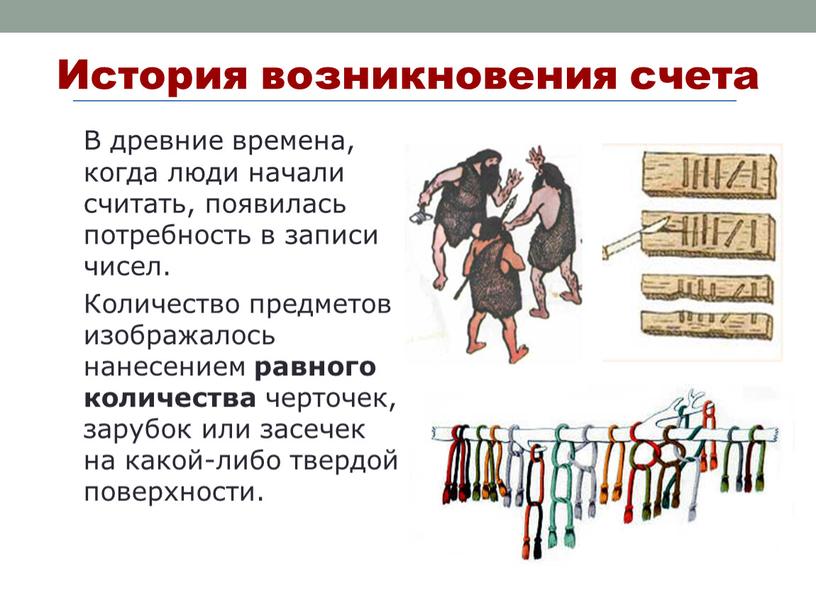 История возникновения счета В древние времена, когда люди начали считать, появилась потребность в записи чисел