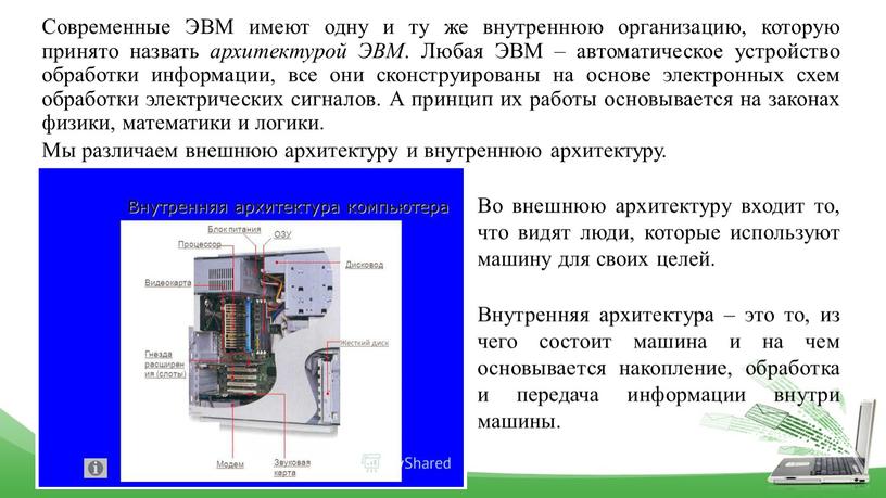 Современные ЭВМ имеют одну и ту же внутреннюю организацию, которую принято назвать архитектурой