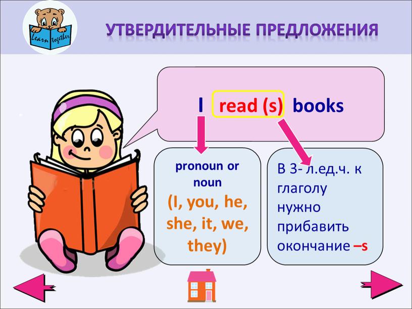 I read (s) books pronoun or noun (I, you, he, she, it, we, they)