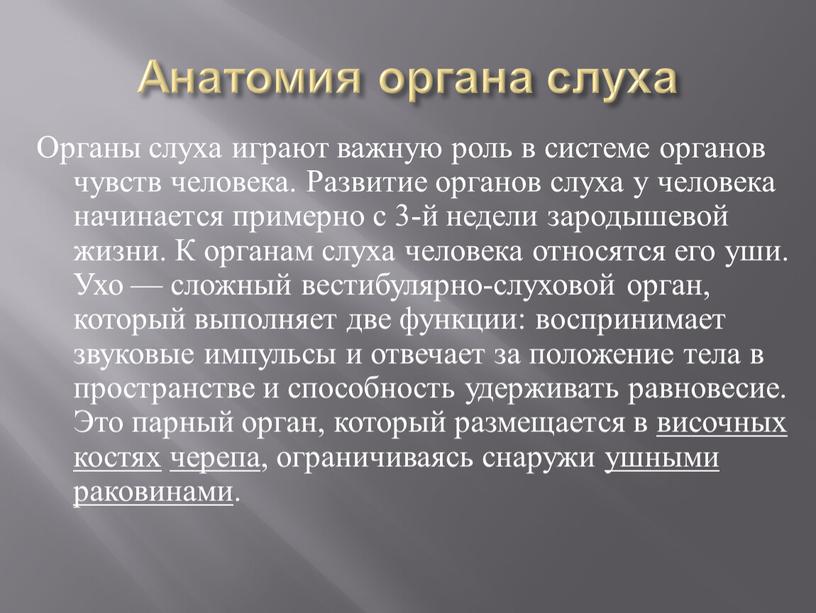 Анатомия органа слуха Органы слуха играют важную роль в системе органов чувств человека