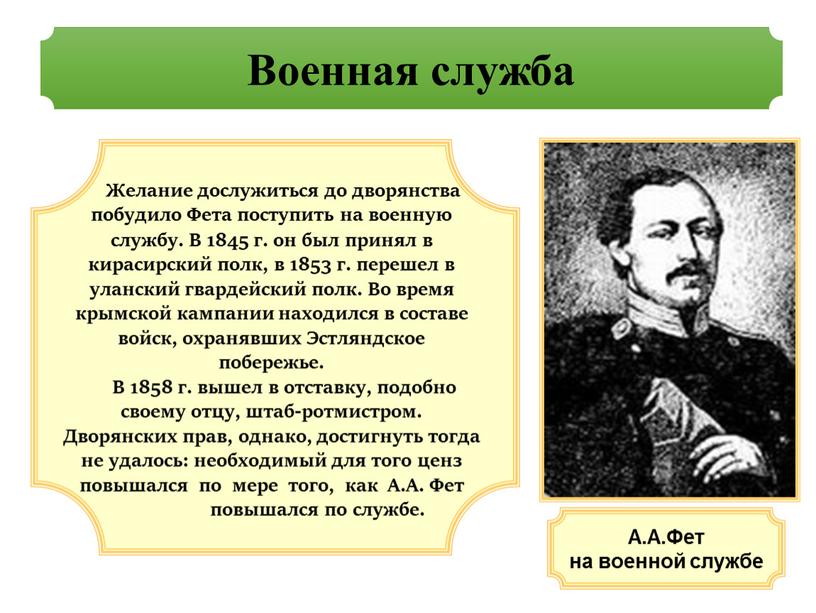 Военная служба А.А.Фет на военной службе