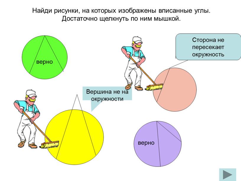 Найди рисунки, на которых изображены вписанные углы