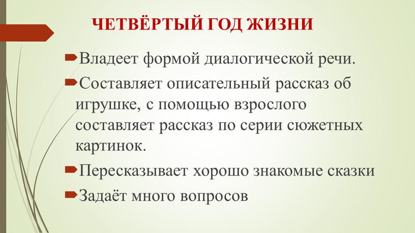 ЧЕТВЁРТЫЙ ГОД ЖИЗНИ Владеет формой диалогической речи