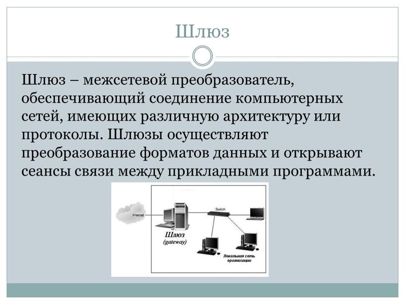 Шлюз Шлюз – межсетевой преобразователь, обеспечивающий соединение компьютерных сетей, имеющих различную архитектуру или протоколы