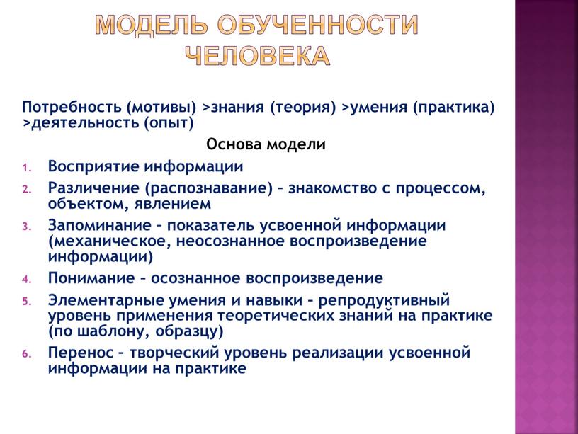 МОДЕЛЬ ОБУЧЕННОСТИ ЧЕЛОВЕКА Потребность (мотивы) >знания (теория) >умения (практика) >деятельность (опыт)