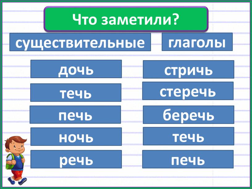 Проверь существительные глаголы дочь течь печь ночь стричь стеречь беречь течь печь речь