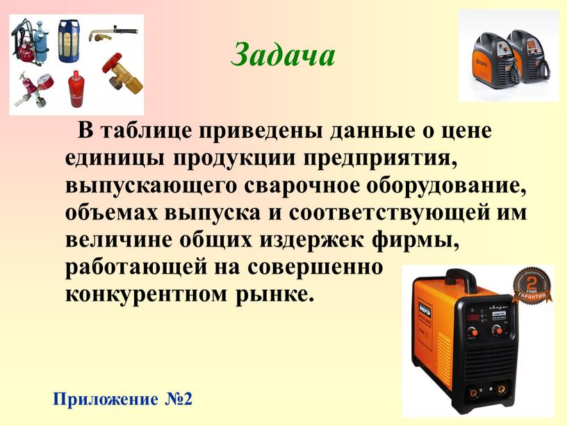 Задача В таблице приведены данные о цене единицы продукции предприятия, выпускающего сварочное оборудование, объемах выпуска и соответствующей им величине общих издержек фирмы, работающей на совершенно…