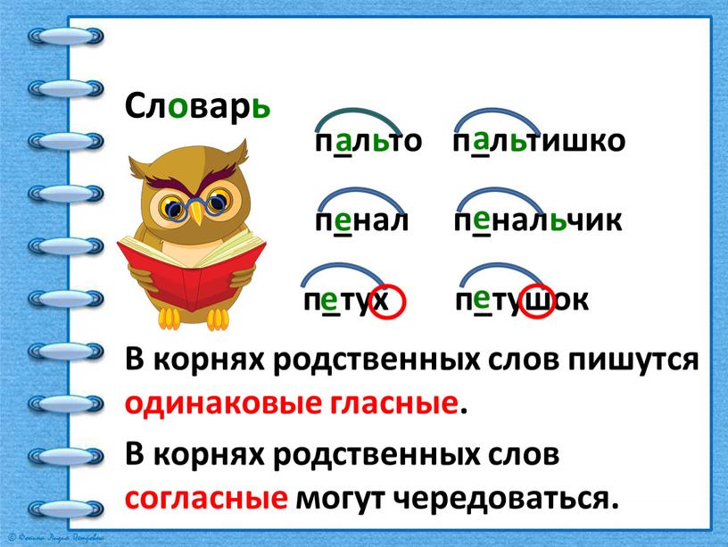 Словарь п_льто п_льтишко п_нал п_нальчик п_тух п_тушок а а е е е е