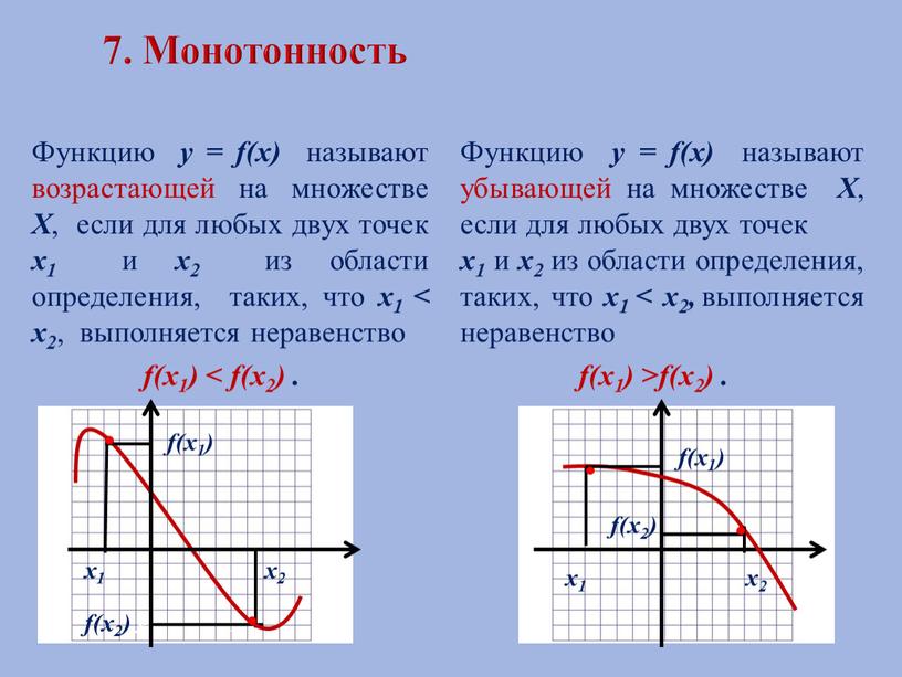 Монотонность Функцию у = f(х) называют возрастающей на множестве
