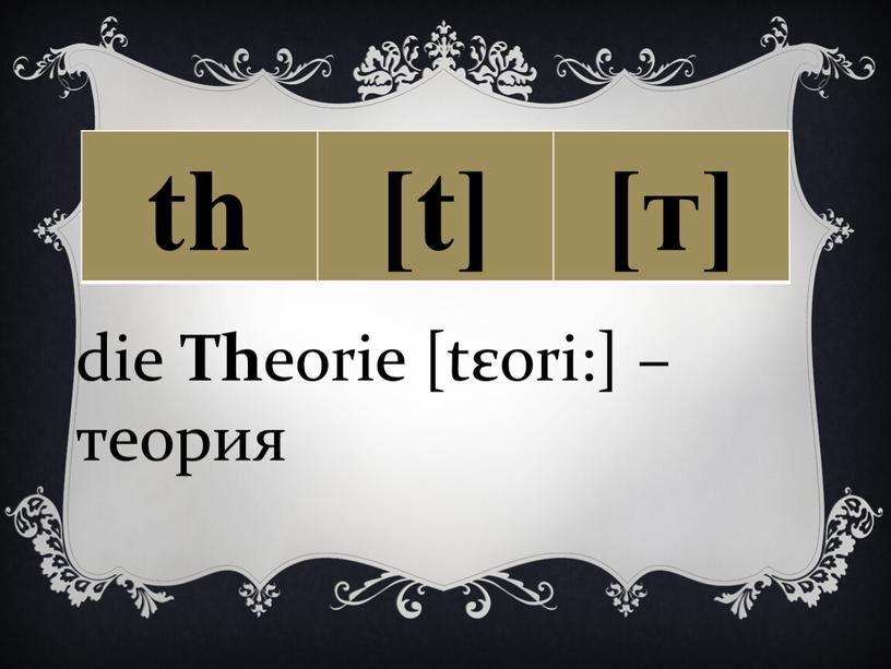 th [t] [т] die Th eorie [tεori:] – теория