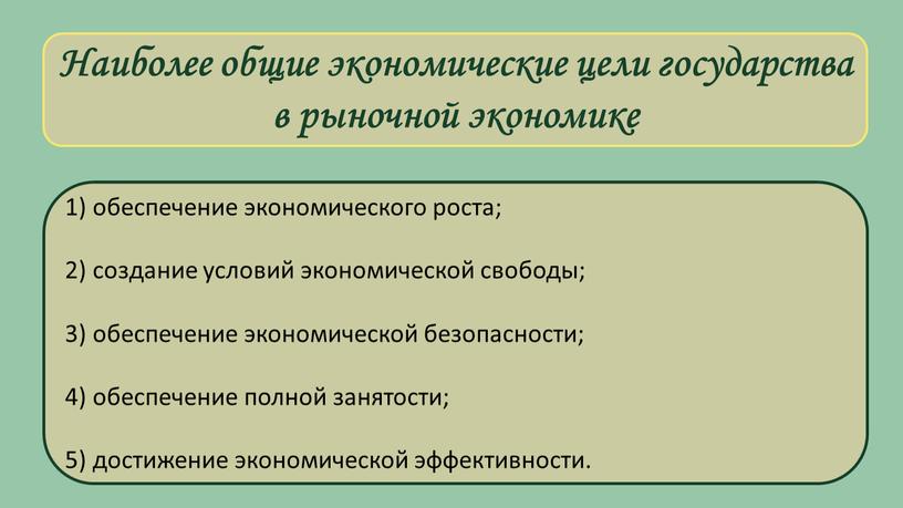 Наиболее общие экономические цели государства в рыночной экономике 1) обеспечение экономического роста; 2) создание условий экономической свободы; 3) обеспечение экономической безопасности; 4) обеспечение полной занятости;…