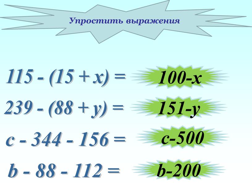 115 - (15 + х) = 239 - (88 + у) = 100-х b-200 с - 344 - 156 = b - 88 - 112…
