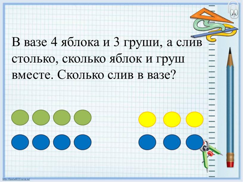 В вазе 4 яблока и 3 груши, а слив столько, сколько яблок и груш вместе