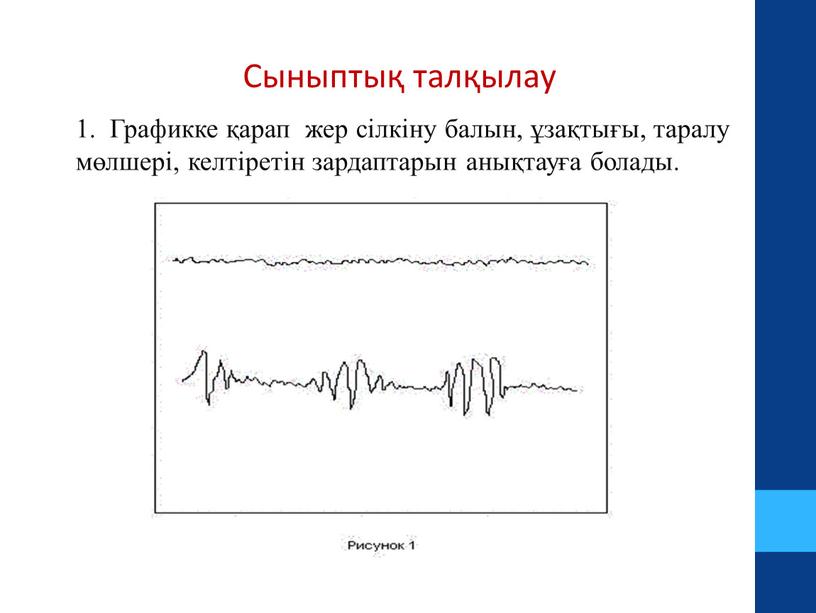 Сыныптық талқылау 1. Графикке қарап жер сілкіну балын, ұзақтығы, таралу мөлшері, келтіретін зардаптарын анықтауға болады