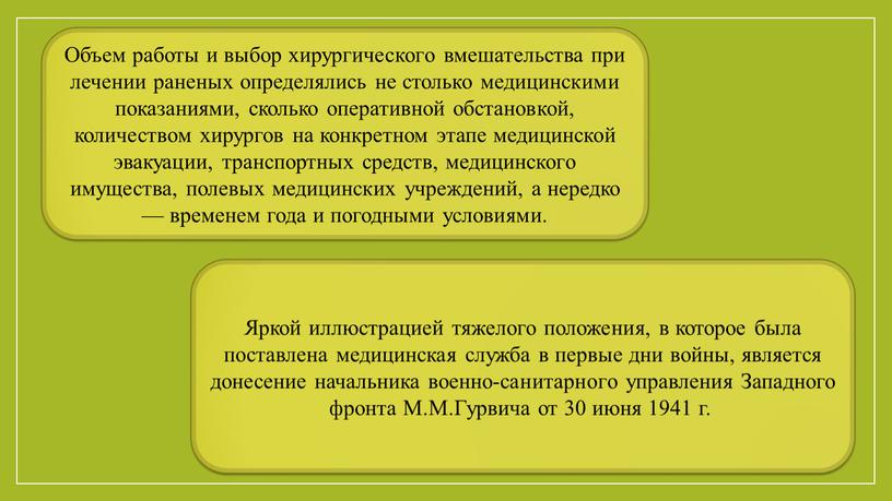 Объем работы и выбор хирургического вмешательства при лечении раненых определялись не столько медицинскими показаниями, сколько оперативной обстановкой, количеством хирургов на конкретном этапе медицинской эвакуации, транспортных…