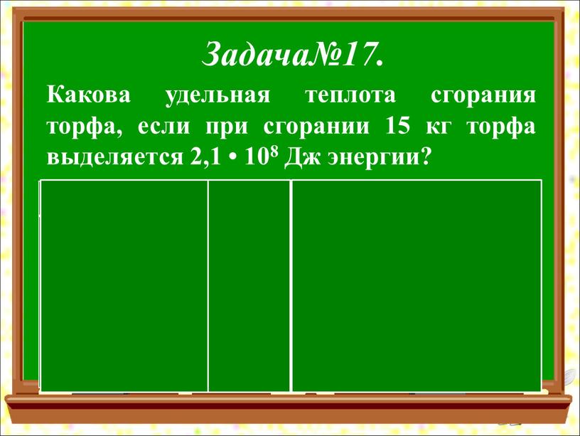 Задача№17. Какова удельная теплота сгорания торфа, если при сгорании 15 кг торфа выделяется 2,1 • 108