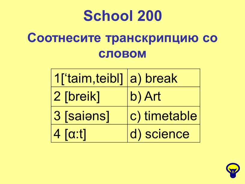 Соотнесите транскрипцию со словом 1[‘taim,teibl] a) break 2 [breik] b)