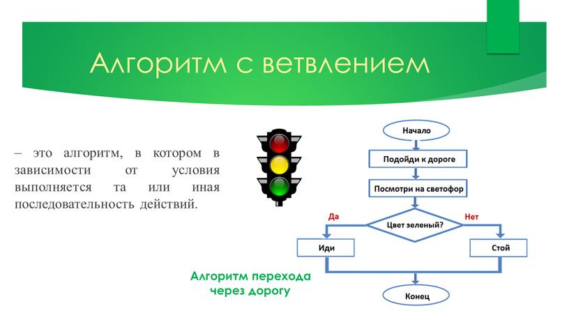 Алгоритм с ветвлением – это алгоритм, в котором в зависимости от условия выполняется та или иная последовательность действий