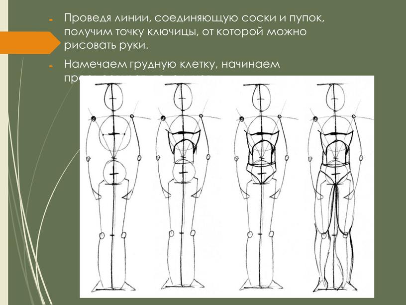 Проведя линии, соединяющую соски и пупок, получим точку ключицы, от которой можно рисовать руки