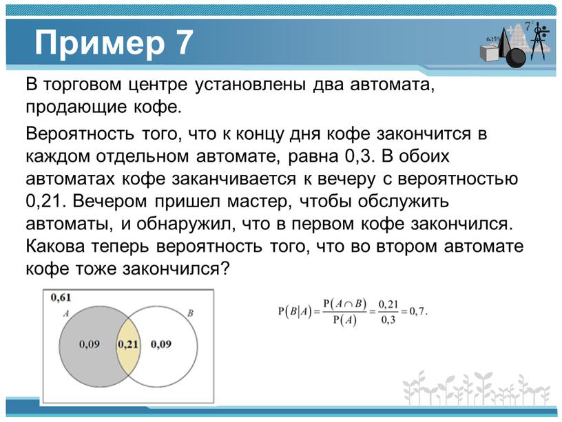 Пример 7 В торговом центре установлены два автомата, продающие кофе