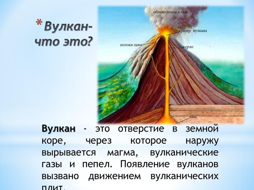Вулкан-что это? Вулкан - это отверстие в земной коре, через которое наружу вырывается магма, вулканические газы и пепел