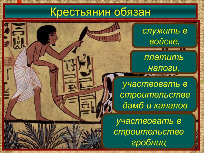 Крестьянин обязан служить в войске, платить налоги, участвовать в строительстве дамб и каналов участвовать в строительстве гробниц