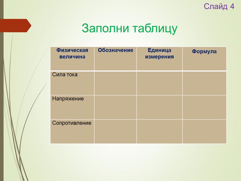 Слайд 4 Заполни таблицу Физическая величина