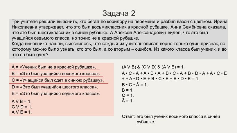 Задача 2 Ā = «Ученик был не в красной рубашке»