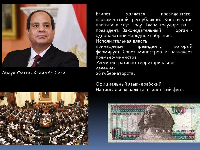 Абдул-Фаттах Халил Ас-Сиси Египет является президентско- парламентской республикой
