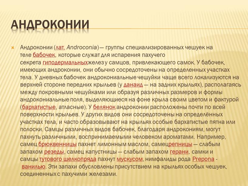 Андроконии Андроконии (лат. Androconia ) — группы специализированных чешуек на теле бабочек, которые служат для испарения пахучего секрета гиподермальныхжелез у самцов, привлекающего самок