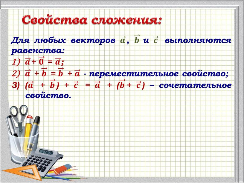 Свойства сложения: Для любых векторов 𝒂 , 𝒃 и 𝒄 выполняются равенства: 𝒂 + 𝟎 = 𝒂 ; 𝒂 + 𝒃 = 𝒃 + 𝒂…