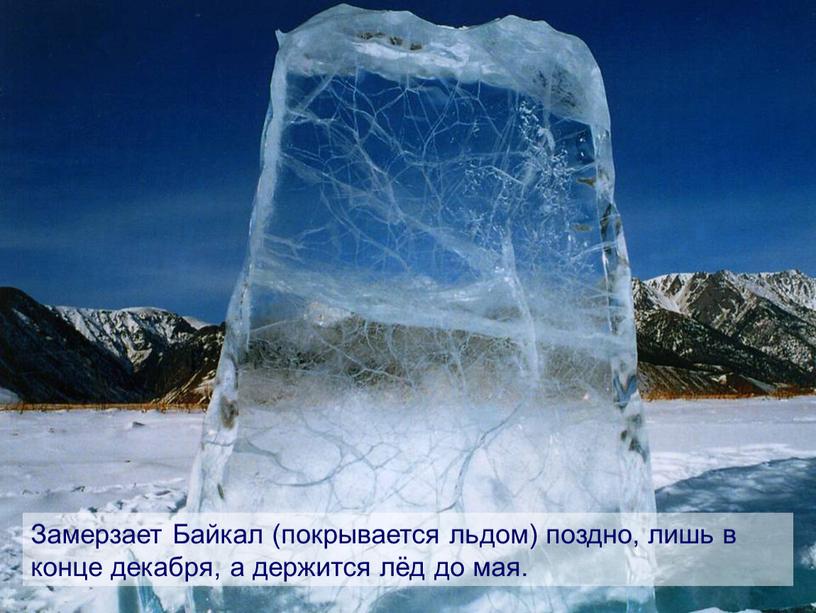 Замерзает Байкал (покрывается льдом) поздно, лишь в конце декабря, а держится лёд до мая