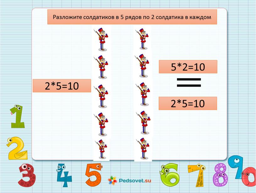 Разложите солдатиков в 5 рядов по 2 солдатика в каждом 2*5=10 2*5=10 5*2=10