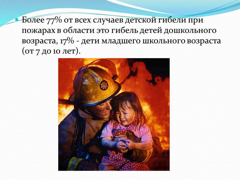 Более 77% от всех случаев детской гибели при пожарах в области это гибель детей дошкольного возраста, 17% - дети младшего школьного возраста (от 7 до…