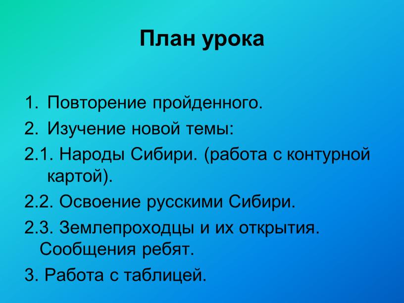 План урока Повторение пройденного