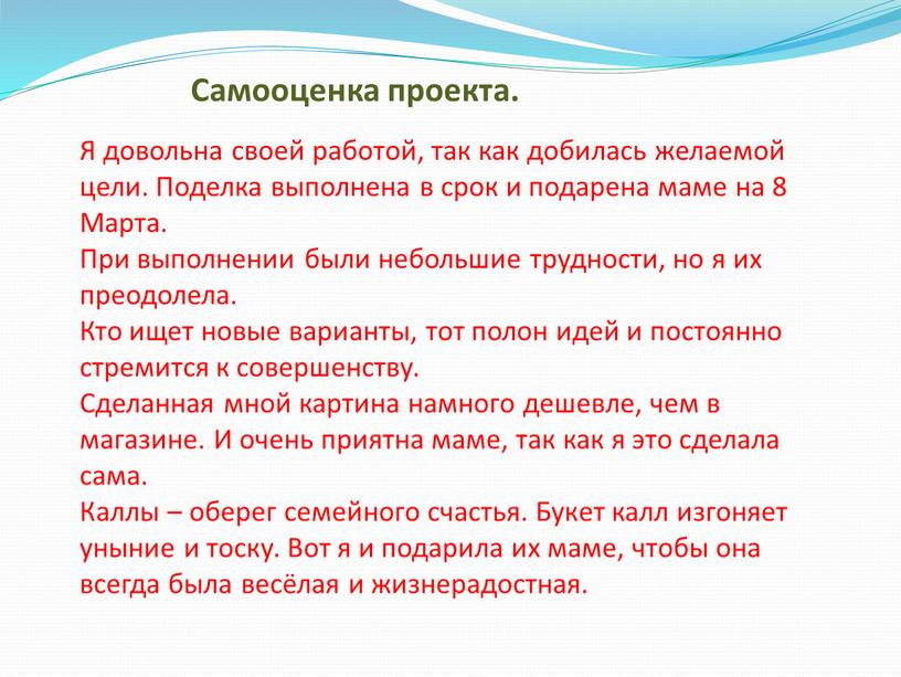 Самооценка проекта. Я довольна своей работой, так как добилась желаемой цели