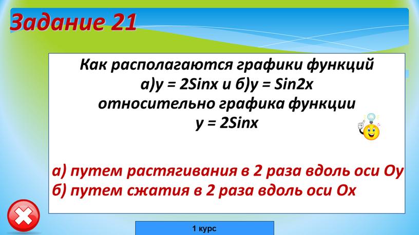 Задание 21 Как располагаются графики функций а)y = 2Sinx и б)y =