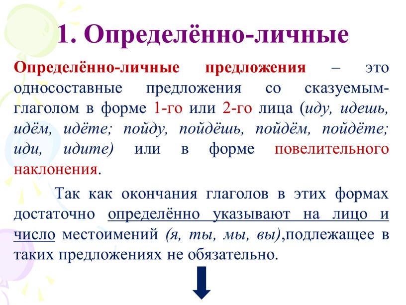 Определённо-личные Определённо-личные предложения – это односоставные предложения со сказуемым-глаголом в форме 1-го или 2-го лица ( иду, идешь, идём, идёте; пойду, пойдёшь, пойдём, пойдёте; иди,…