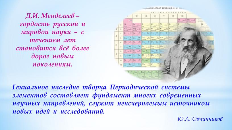 Д.И. Менделеев – гордость русской и мировой науки – с течением лет становится всё более дорог новым поколениям